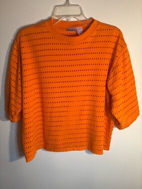 On Shore Orange Eyelet Knit Top Medium Short Sleeve Cropped Lightweight